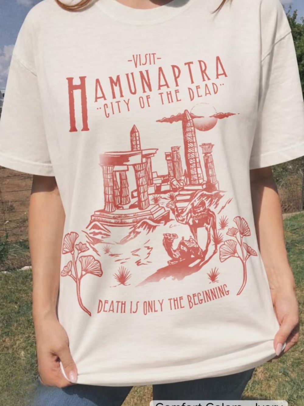 Cream Hamunaptra City Graphic T-Shirt, Vintage Travel outfit For Unisex